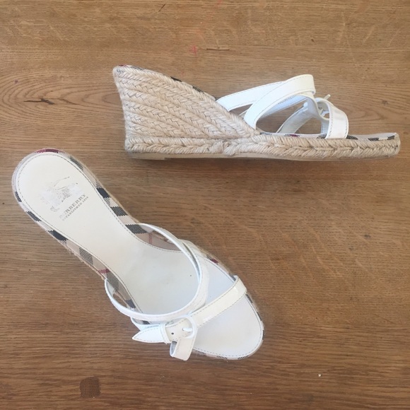 Burberry White Leather & Espadrille Wedge Sandal - Picture 1 of 9